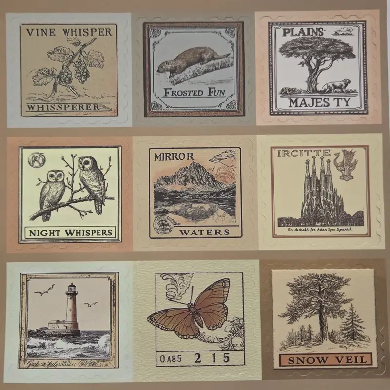Vintage Stickervel met Postzegels โ Klassiek Reizen & Natuur Thema - Afbeelding 2