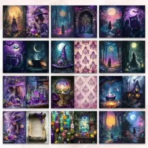 Scrap Set Magische Heksen โ 4 Papieren & 4 Transparante Stickers