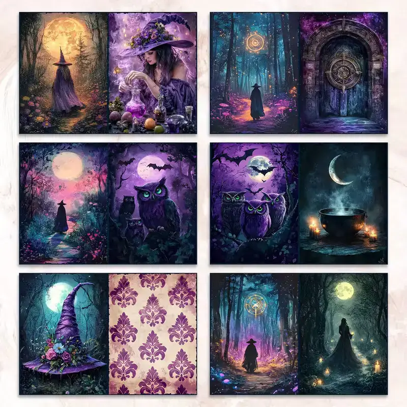 Scrap Set Magische Heksen โ 4 Papieren & 4 Transparante Stickers - Afbeelding 3