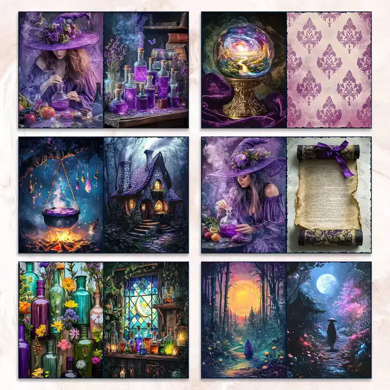 Scrap Set Magische Heksen โ 4 Papieren & 4 Transparante Stickers - Afbeelding 2