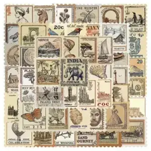 Vintage Stickervel met Postzegels – Klassiek Reizen & Natuur Thema